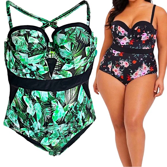 torrid Other - TORRID One Piece Push Up Padded Cut-Out Mesh Green Palm Print Swimsuit N…